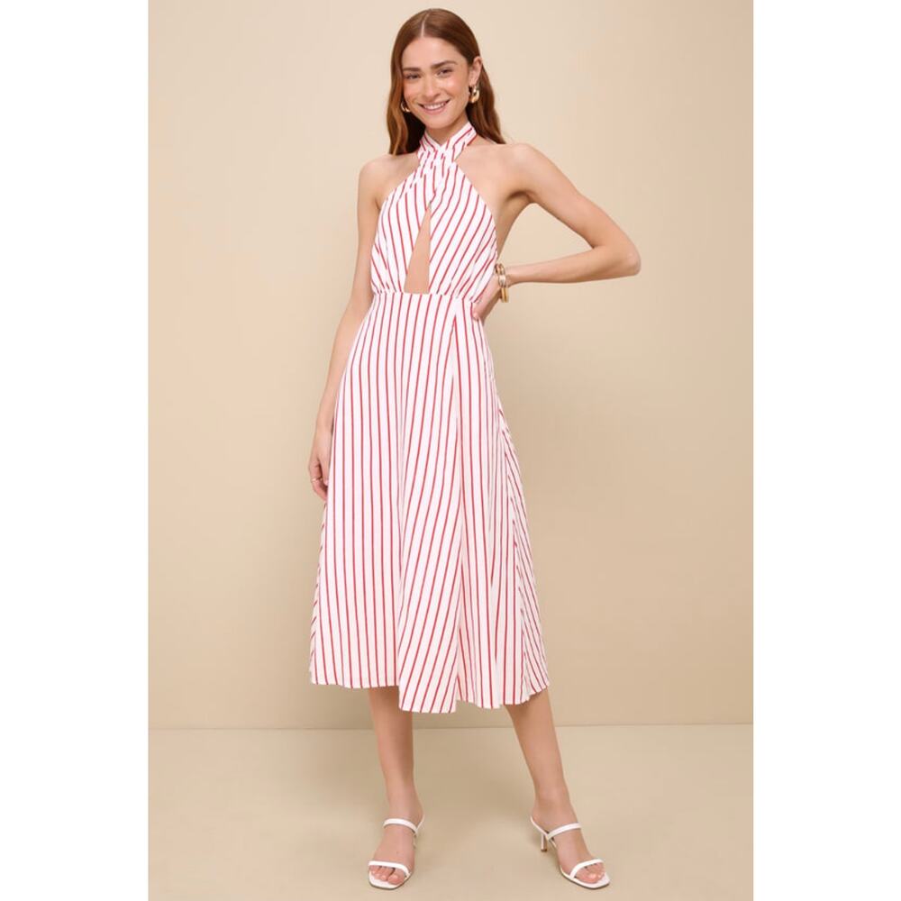 Lulus White and Red Stripe Linen Blend Halter Midi Dress Size XL NWT